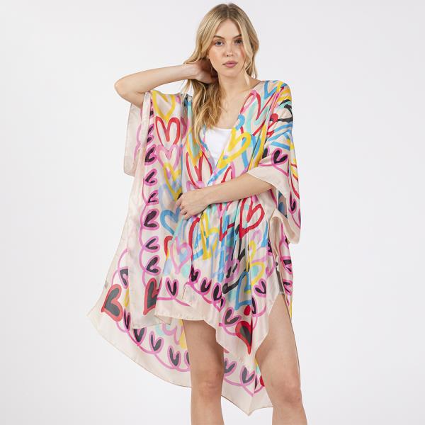 MULTI COLORED HEART PRINT SILKY FEEL KIMONO