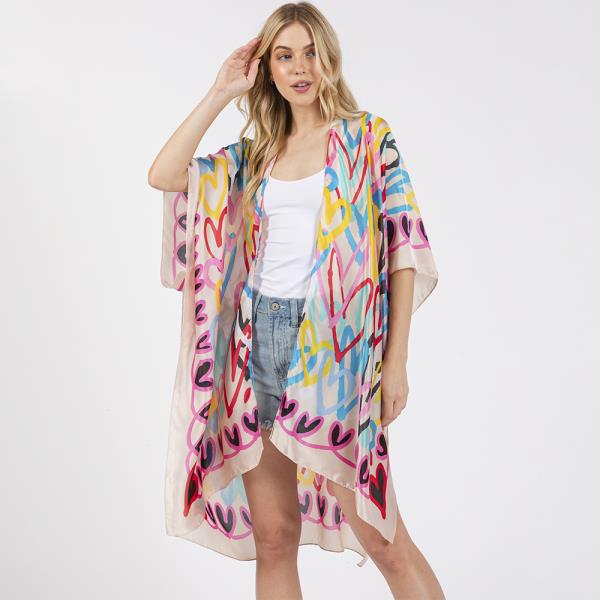 MULTI COLORED HEART PRINT SILKY FEEL KIMONO