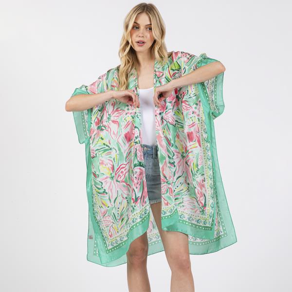 FLOWER PRINT SILKY FEEL KIMONO