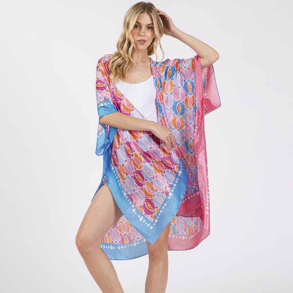 TWO TONES TRIM ABSTRACT PRINT SILKY FEEL KIMONO