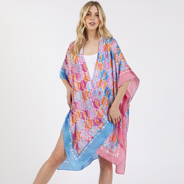 TWO TONES TRIM ABSTRACT PRINT SILKY FEEL KIMONO