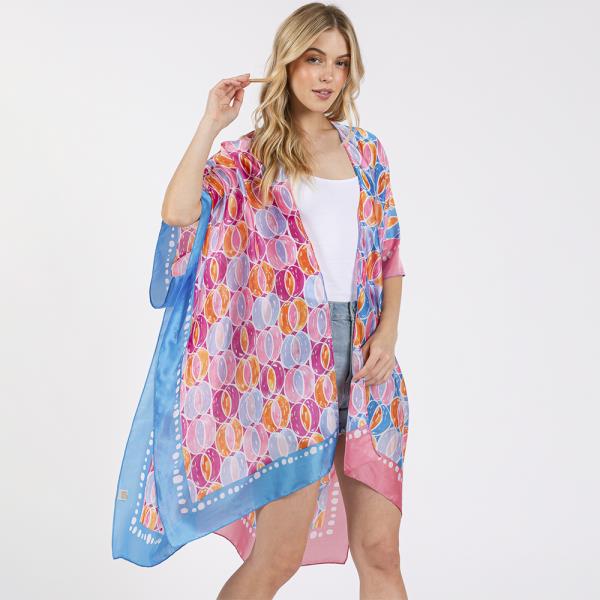 TWO TONES TRIM ABSTRACT PRINT SILKY FEEL KIMONO