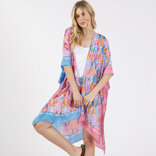 TWO TONES TRIM ABSTRACT PRINT SILKY FEEL KIMONO