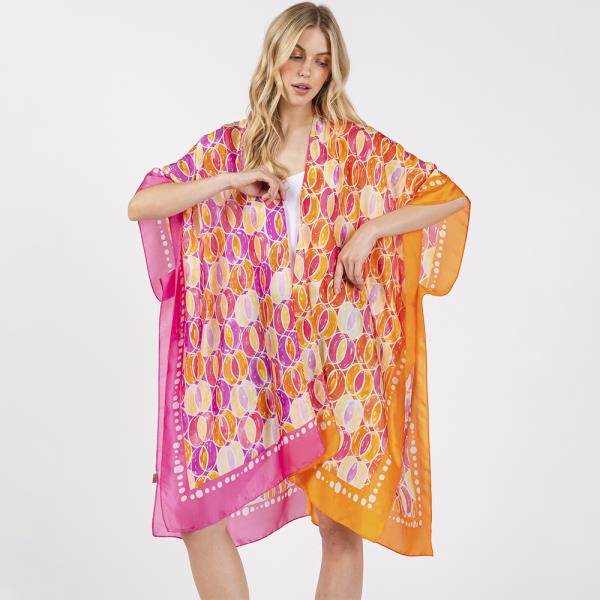 TWO TONES TRIM ABSTRACT PRINT SILKY FEEL KIMONO