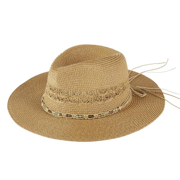 WOVEN BEADED BAND STRAW SUN HAT