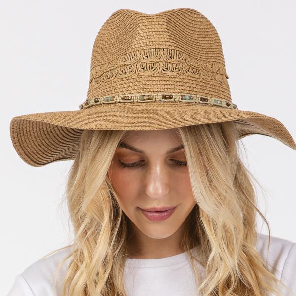 WOVEN BEADED BAND STRAW SUN HAT