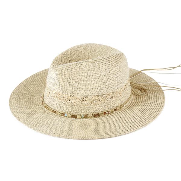 WOVEN BEADED BAND STRAW SUN HAT