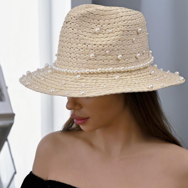 STRAW PEARL STUDDED PANAMA SUN HAT