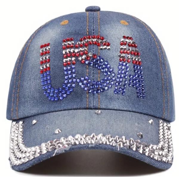 RHINESTONE USA AMERICAN FLAG COLOR FASHION CAP