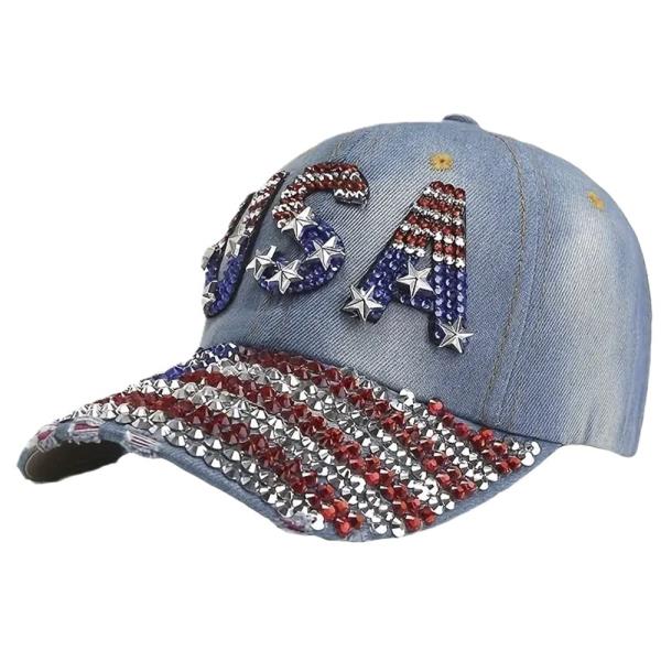 RHINESTONE USA AMERICAN FLAG COLOR FASHION CAP