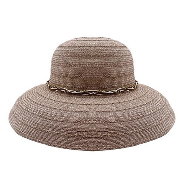 WIDE BRIM STRAW SUN HAT WITH A DECORATIVE CHAIN BAND