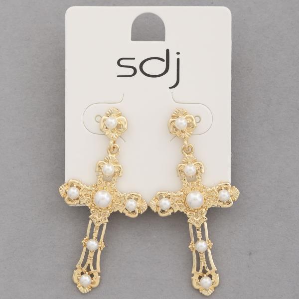 SDJ CROSS PEARL BEAD METAL DANGLE EARRING