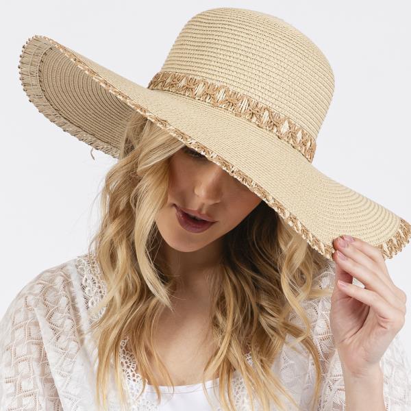 (ONLINE ONLY) EDGE AND BAND WOVEN DETAIL WIDE BRIM FLOPPY STRAW HAT