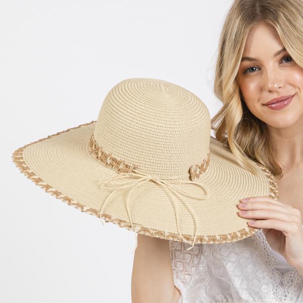 EDGE AND BAND WOVEN DETAIL WIDE BRIM FLOPPY STRAW HAT