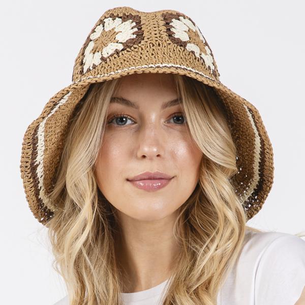 (ONLINE ONLY) FLORAL CROCHET STRAW BUCKET HAT