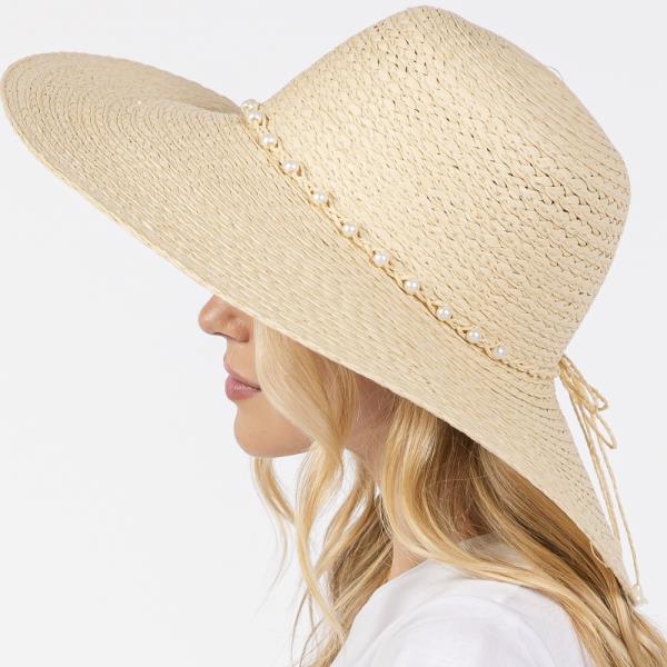 BRAIDED PEARL BAND WIDE FLOPPY SUN HAT