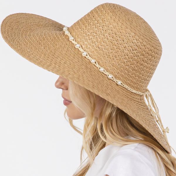 BRAIDED PEARL BAND WIDE FLOPPY SUN HAT