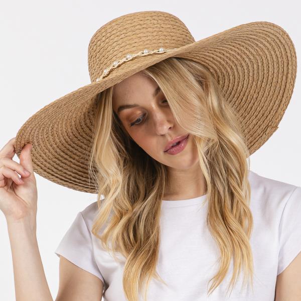 BRAIDED PEARL BAND WIDE FLOPPY SUN HAT