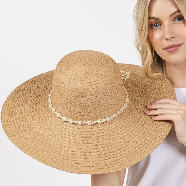 BRAIDED PEARL BAND WIDE FLOPPY SUN HAT