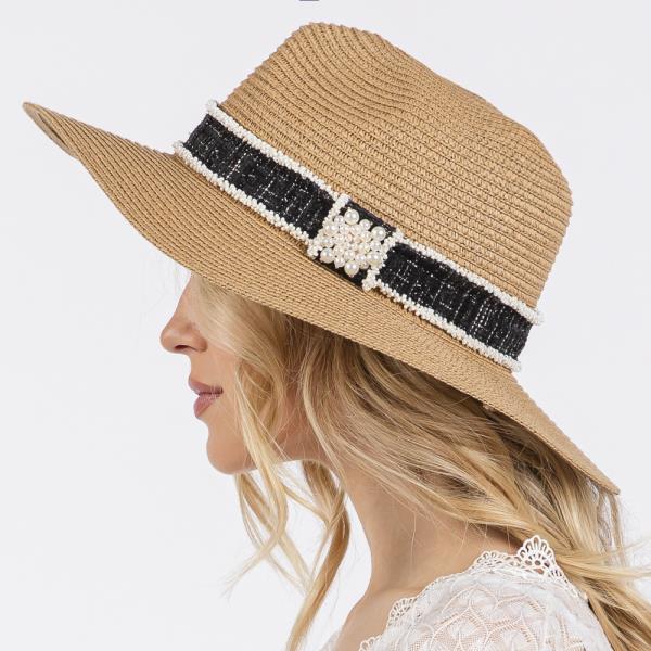 TWEED AND PEARL BAND STRAW SUN HAT