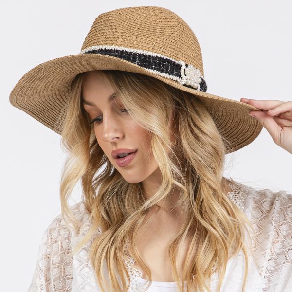 (ONLINE ONLY) TWEED AND PEARL BAND STRAW SUN HAT