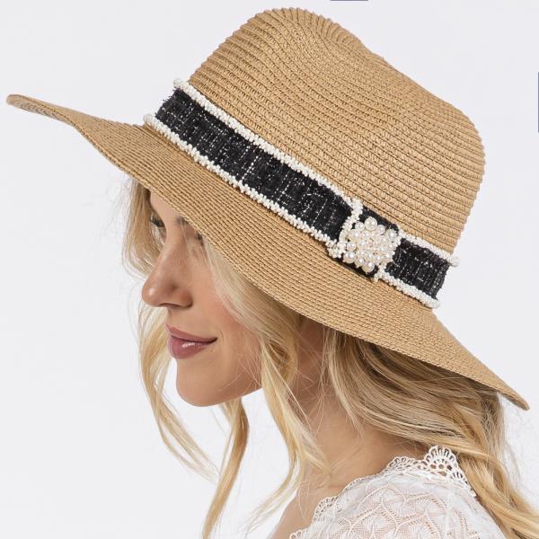 (ONLINE ONLY) TWEED AND PEARL BAND STRAW SUN HAT