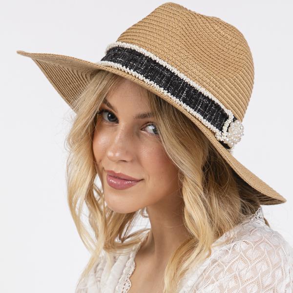 (ONLINE ONLY) TWEED AND PEARL BAND STRAW SUN HAT