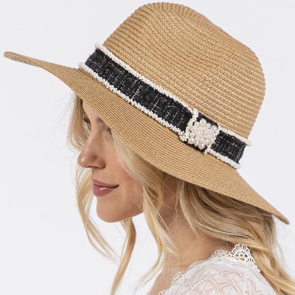 TWEED AND PEARL BAND STRAW SUN HAT