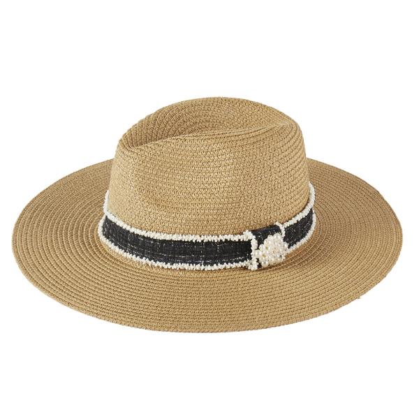 TWEED AND PEARL BAND STRAW SUN HAT