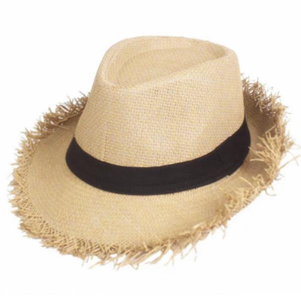 STRAW BLACK BAND FRAYED BRIM SUN HAT