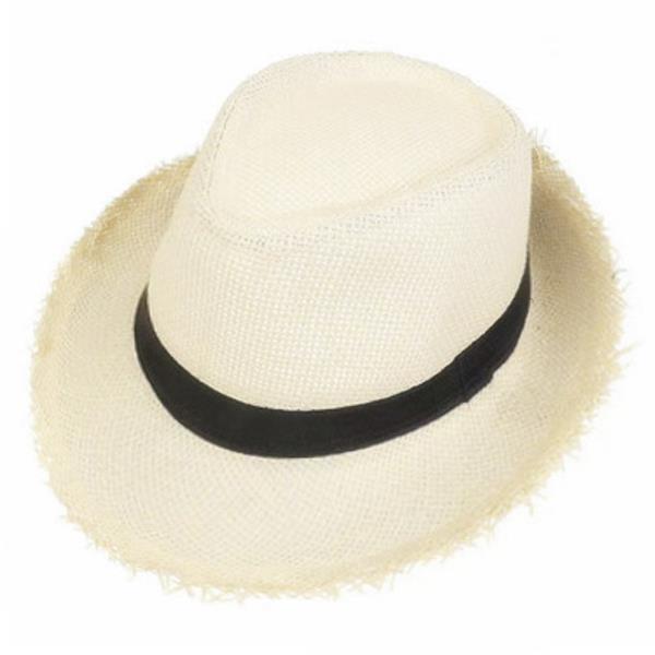 STRAW BLACK BAND FRAYED BRIM SUN HAT