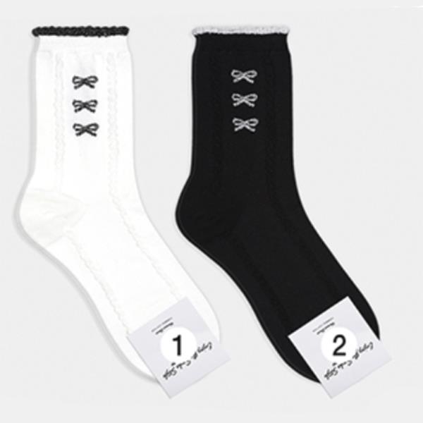 LACE TRIM BOW EMBROIDERED CREW SOCKS 1 PAIR