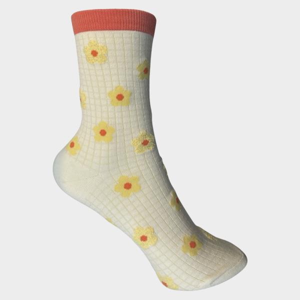 CUTE FLORAL PRINT RIBBED CREW SOCKS - 1 PAIR