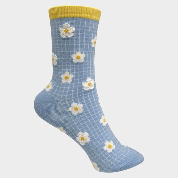 CUTE FLORAL PRINT RIBBED CREW SOCKS - 1 PAIR