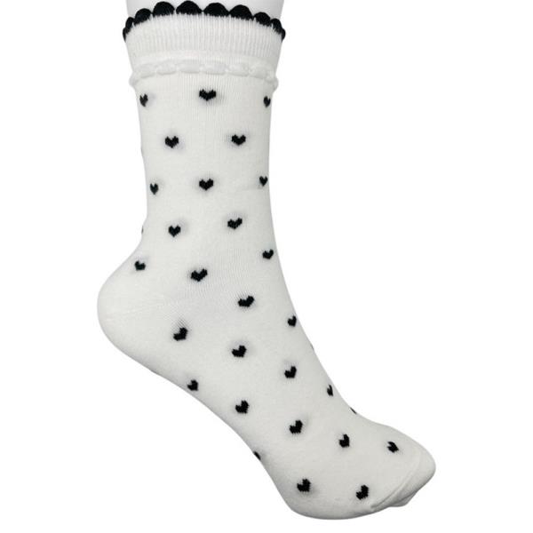 HEART PATTERNED FRILL TRIM CREW SOCKS - 1 PAIR