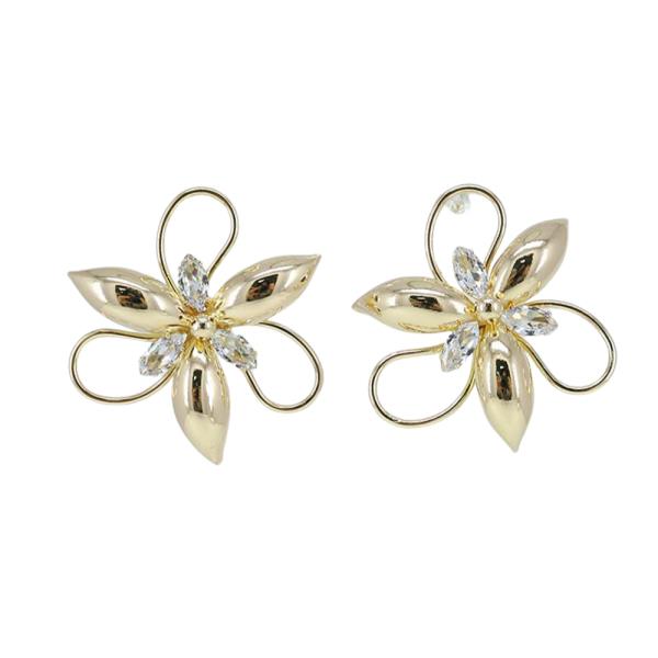 WIDE FLOWER STONE METAL POST EARRING