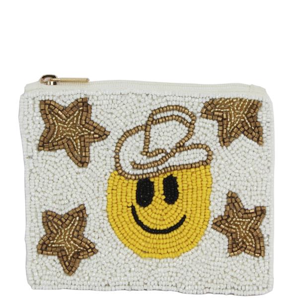 SEED BEAD WESTERN HAT HAPPY FACE COIN PURSE BAG