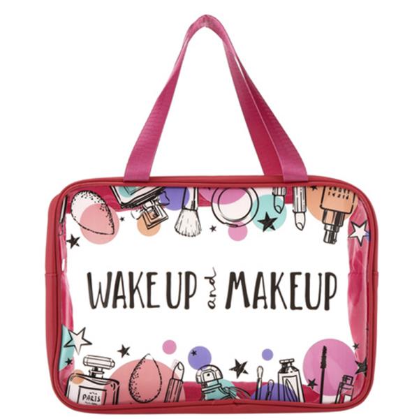 CLEAR SEE THRU WAKE UP AND MAKE UP THEMED PRINTED COSMETIC BAG