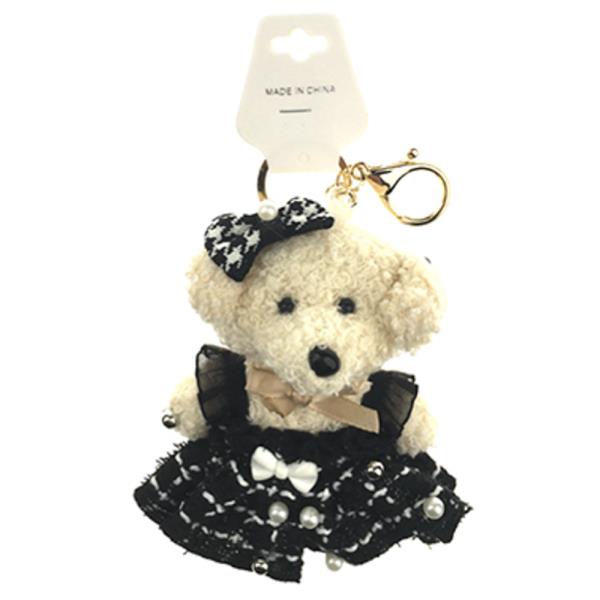 PLUSH BEAR TWEED PEARL BOW BAG CHARM KEYCHAIN