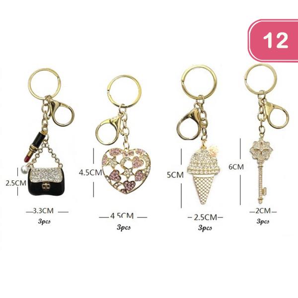 KEYCHAIN WITH BOW, HEART, AND TEDDY BEAR CHARMS (12 UNITS)