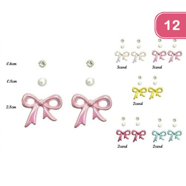 COLORFUL ENAMEL BOW EARRINGS 3 PAIR SET (12 UNITS)