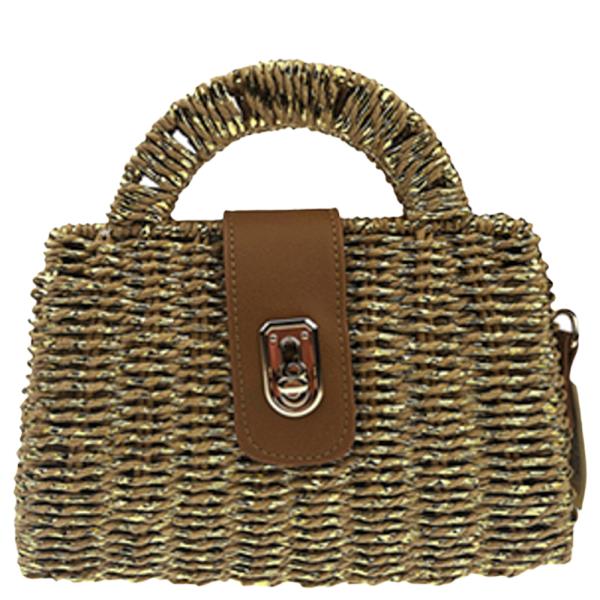 STRAW WOVEN HANDLE TURN LOCK HANDBAG