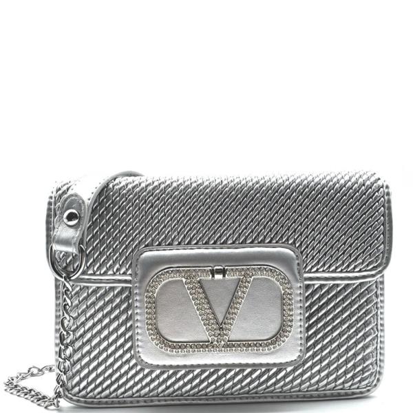 WOVEN TEXTURED CROSSBODY BAG WITH RHINESTONE BUCKLE