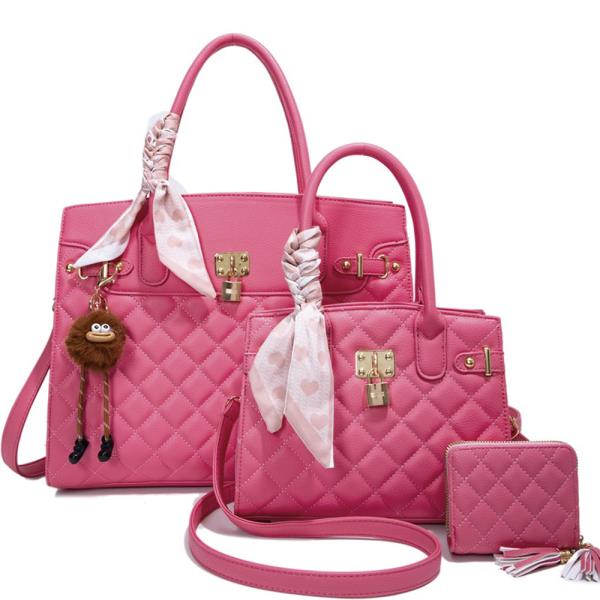 3IN1 QUILTED SCARF SATCHEL W MATCHING BAG AND WALLET SET