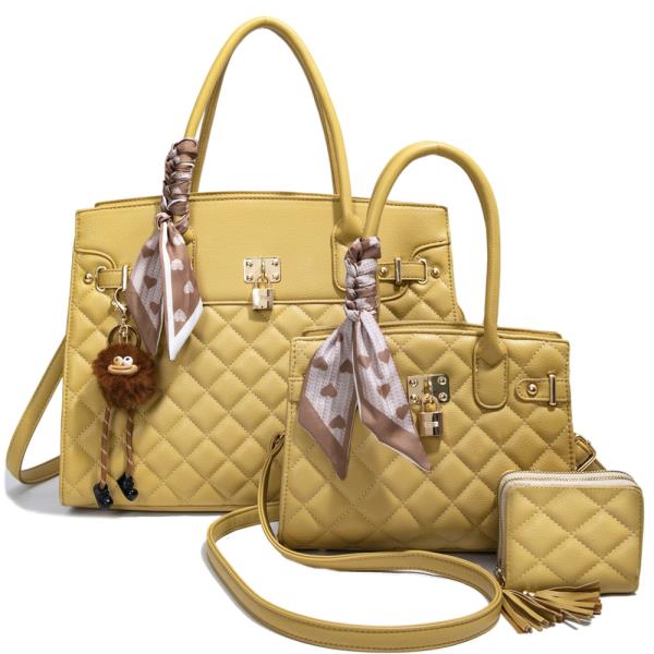 3IN1 QUILTED SCARF SATCHEL W MATCHING BAG AND WALLET SET