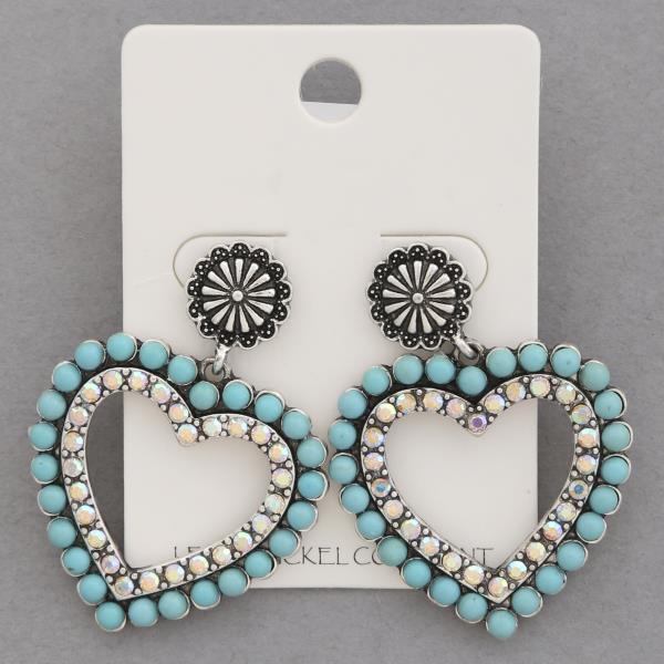 WESTERN STYLE TURQUOISE BEAD HEART SHAPE DANGLE EARRING