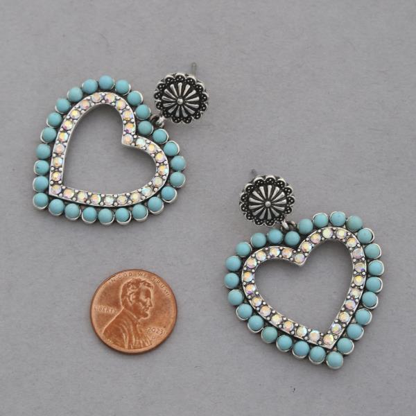 WESTERN STYLE TURQUOISE BEAD HEART SHAPE DANGLE EARRING