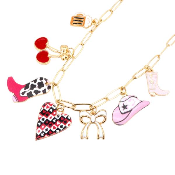 WESTERN THEME HEART BOOT CHERRY CHARMS NECKLACE