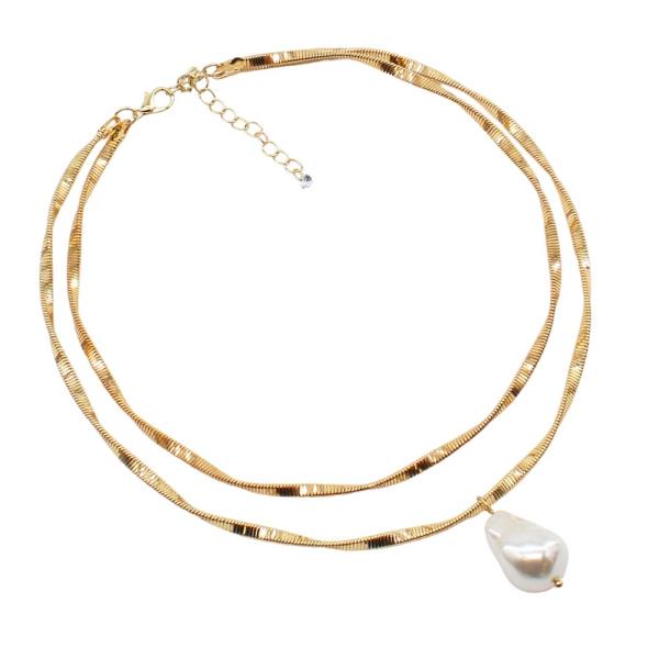 PEARL BEAD METAL LAYERED NECKLACE