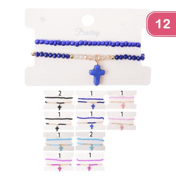 SEED BEAD CROSS CHARM BRACELET (12 UNITS)